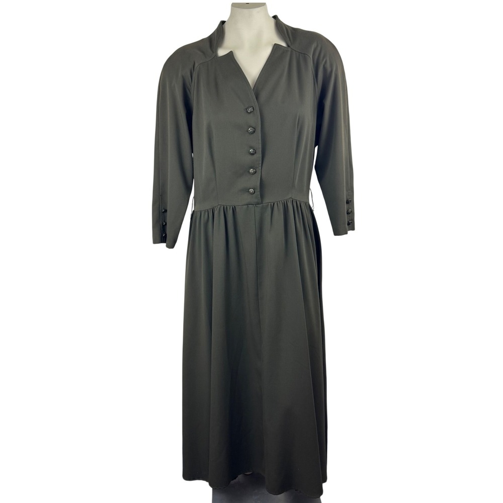 Vintage 80s Olive Green Midi Dress Prairie Cottagecore Dark Academia USA 13/14 - Picture 2 of 11